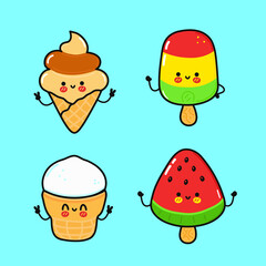 Funny cute happy Ice cream characters bundle set. Vector kawaii line cartoon style illustration. Cute Ice cream mascot character collection