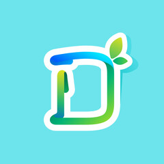 D letter flow line eco logo with green leaves.