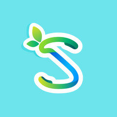 Fototapeta premium S letter flow line eco logo with green leaves.