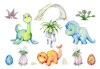 Dinosaurs, trees, palm trees, clouds, flowers. Watercolor set, prehistoric animals and plants, in cartoon style, on an isolated background.