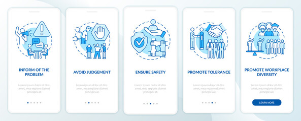 Fototapeta na wymiar Racism in workplace onboarding mobile app page screen. Ensuring safety walkthrough 5 steps graphic instructions with concepts. UI, UX, GUI vector template with linear color illustrations
