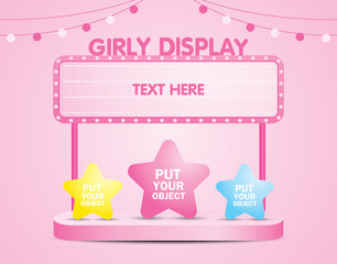 Pink lightbulb signage for putting your text with display step 3d illustration vector for putting your object on sweet pastel pink background
