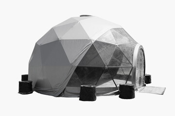 Space base structure, white and dark grey round plastic tent on white background © Marina P.