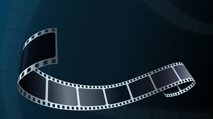 Fototapeta na wymiar Modern cinema background with film strip. Realistic 3d film strip in perspective. 3D isometric film strip. Movie and cinema design for festival poster. Template for festival modern cinema with space.