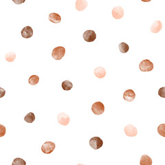 Beige, coffee, light brown vector watercolor round spots, polka dots seamless repeat vector pattern. Watercolour uneven blobs, smears, circle shape brush strokes. Hand drawn painted dotty background. © Elena Panevkina