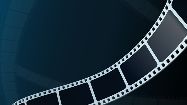 Realistic film strip in perspective isolated on blue background. 3D isometric film strip. Video tape part, illustration of cinematography multimedia photography. 35mm foto and movie film roll vector.