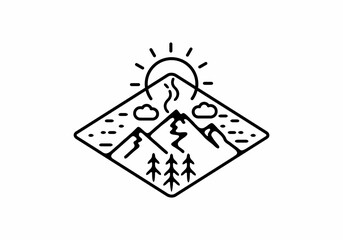 Black line art mountain landscape in diamond shape