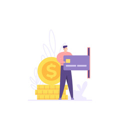 the concept of payment, transaction, repayment. illustration of a man holding an ATM or credit card to pay a bill. finance or business. flat style. vector design