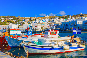 Colorful wooden fishing boats on row  Mykonos island old port Greece Cyclades - 438804186