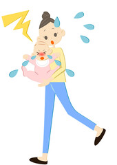 泣く赤ちゃんをあやす若いママ