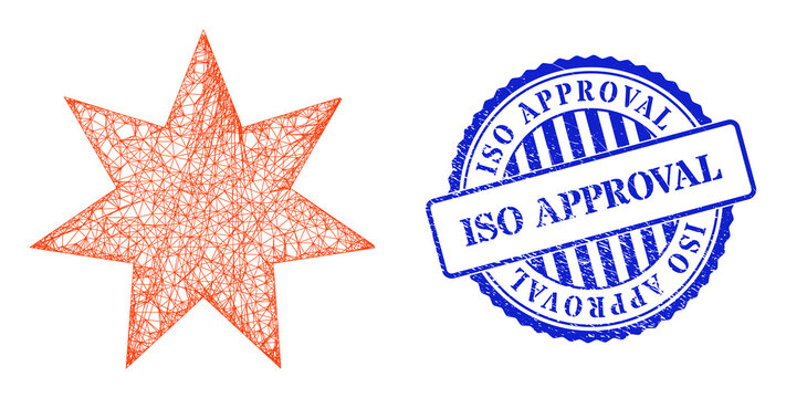 Vector network seven pointed star carcass, and ISO Approval blue rosette dirty watermark. Linear carcass net symbol created from seven pointed star pictogram, is created from intersected lines.