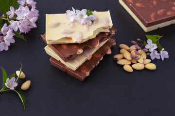 bars of milk and white chocolate with almond nuts and a bunch of almonds, a sprig with flowers