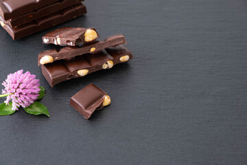 broken bar of dark chocolate with hazelnut