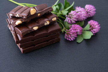 broken bar of dark chocolate with hazelnut