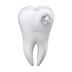A large molar tooth decorated with a diamond on a white background. Aesthetic dentistry. 3d rendering.