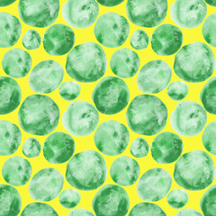 Green watercolor circle seamless pattern on a yellow background. Hand-drawn pink abstract endless print. Cute bubbles backdrop. Bright burgundy abstract illustration. Colorful dots. Circles ornament.