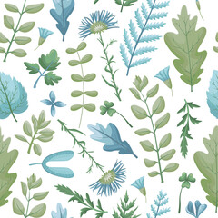 The floral seamless pattern with leaves and flowers. Vector botanical background. Herbarium