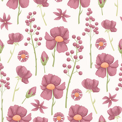 The floral seamless pattern with leaves and flowers. Vector botanical background. Herbarium