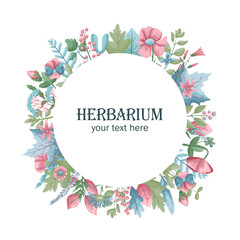 Botanical template with dried flowers and leaves. Place for text.