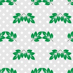 Green leafs on gray square seamless pattern.