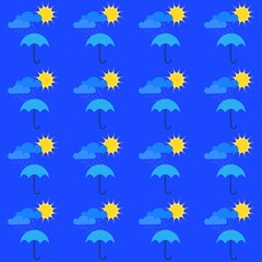 Umbrellas, clouds, sun on blue seamless pattern