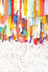 Party theme backdrop fashion photography kids confetti balloons and confetti multicolored fabric cut in to slices