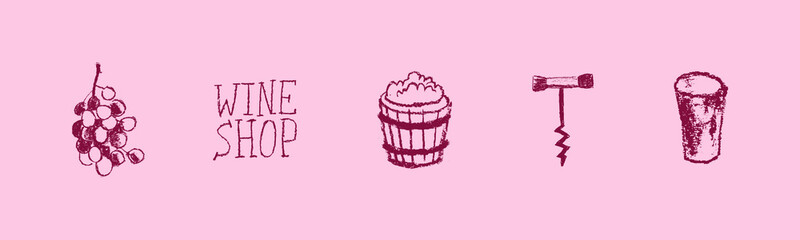 Wine industry icons set. Winemaking hand drawn illustrations for winery symbol, wine shop, alcohol store, vector logo templates, biodynamic wines, wine bar sign. Wine cork, octave, grape, stopper.