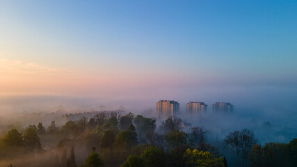 Top view of the city in fog and smog. Pictures from the drone.
