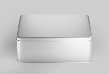 White Rectangular Metal box, blank aluminium can container with lid, 3d rendered isolated on light background