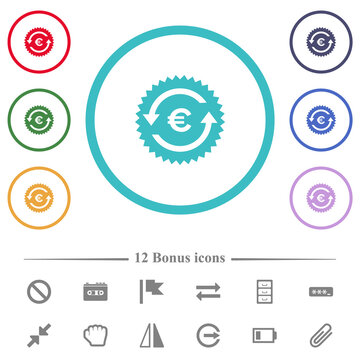 Euro pay back guarantee sticker flat color icons in circle shape outlines