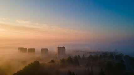 Top view of the city in fog and smog. Pictures from the drone.