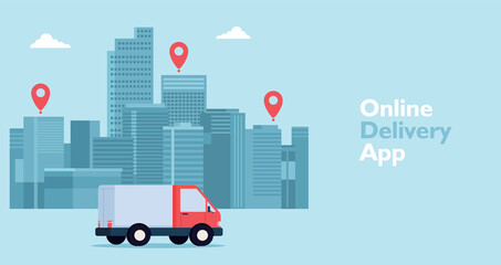 Mobile online pickup and delivery concept. Online order tracking on mobile. Delivery package with van. E-commerce Vector illustration