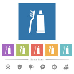 Toothbrush and toothpaste tube flat white icons in square backgrounds