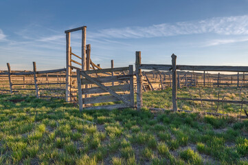 Evening light on an old corral in Grasslands National Park, Saskatchewan, Canada