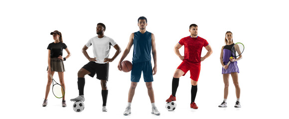 Sport collage. Tennis, soccer football, basketball players posing isolated on white studio background.