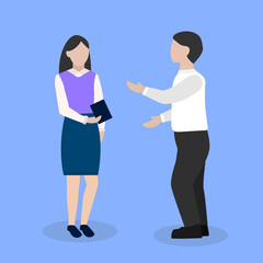 Getting a job. Checking at work, working with documents. Man and woman in office. Office workshop, meeting. Business concept. Office workers, staff. Employee Working. Vector illustration.