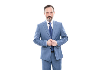 mature grizzled employee in businesslike suit isolated on white, business executive