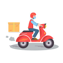 A man rides a red scooter Delivery service. With a background of sky and clouds. Vector illustration.