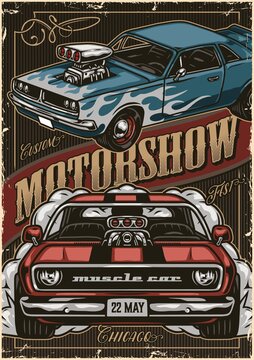 Custom cars motorshow vintage colorful poster