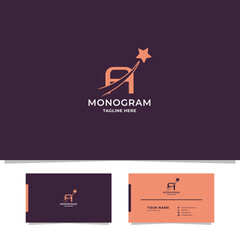 Simple and minimalist orange shooting star on letter A monogram initial logo in purple background with business card template