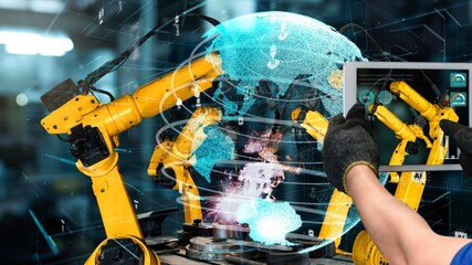 Smart industry robot arms modernization for innovative factory technology . Concept of automation...