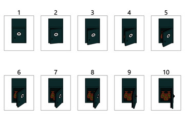 Animation of a green safe with money. Animation of opening a strongbox with a bags of money in 10 frames.