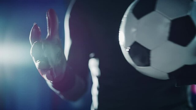 Professional Anonymous Soccer Goalkeeper Holding Fooltabll Ball. Star Footballer Goalie Accepting the Challenge, Determined, Confident in Winning Championship. Dramatic, Stylsih, Cinematic. Close-up