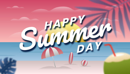 Happy summer day concept web banner. Beach Background Illustration.