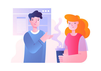 Obraz premium Office scene with male and female characters talking on a break