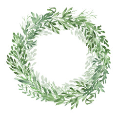 Watercolor hand painted floral round frame or wreath with greens or herbs isolated on white. Beautiful illustration. Great template for greeting cards, wedding invitations, home art print.