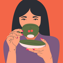 Woman drinking a cup of tea. Hand drawn Vector illustrations. - 438815773