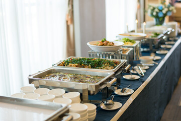 buffet food, catering food party at restaurant, mini canapes, snacks and appetizers