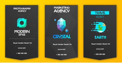Three vertical business cards, designed in different styles: travel, marketing, photography.