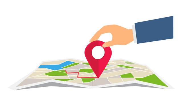Human hand moving red pin route sign on map, flat vector illustration